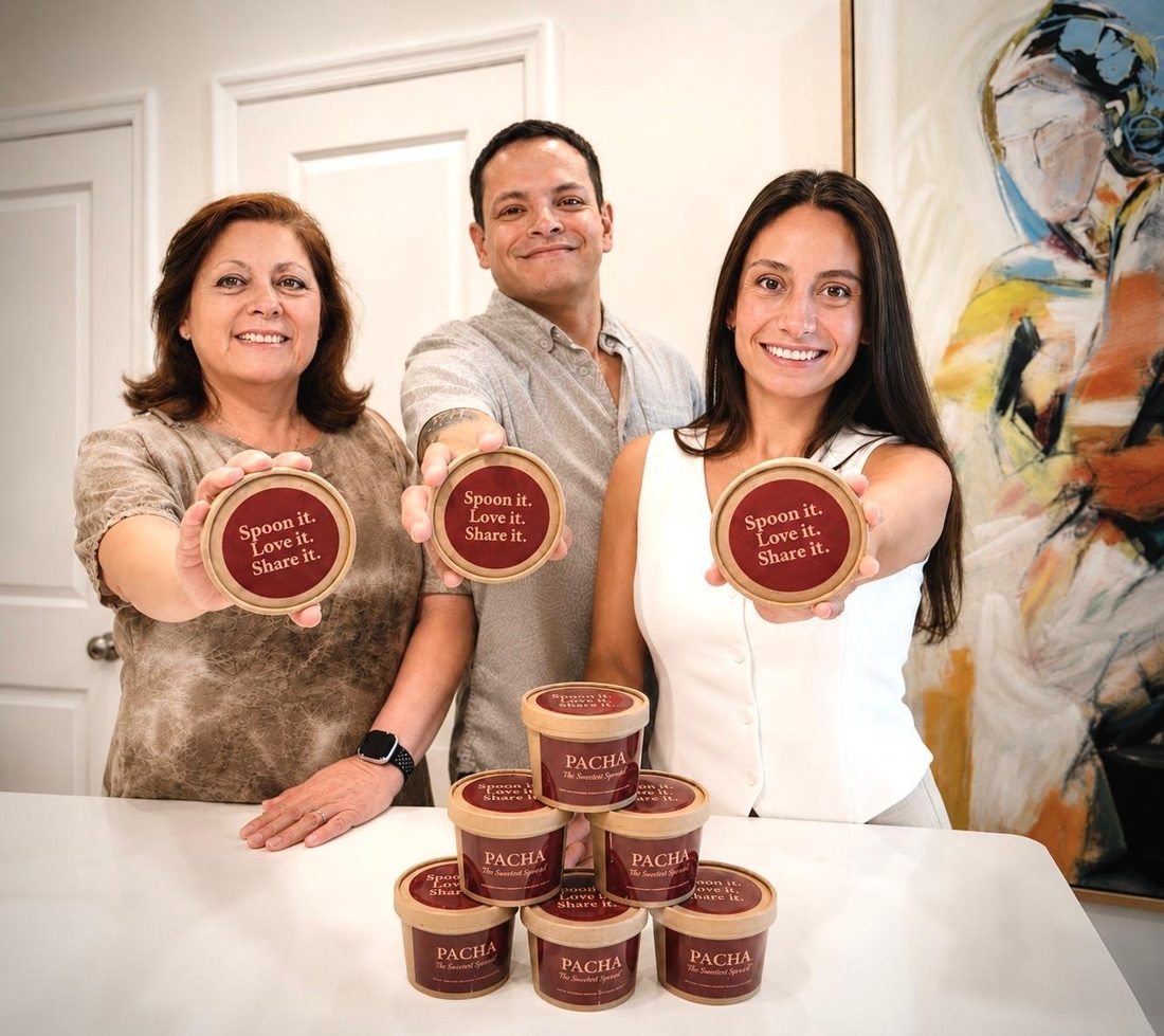 Rosanna, Fabrizio and Ximena holding PACHA dessert lids