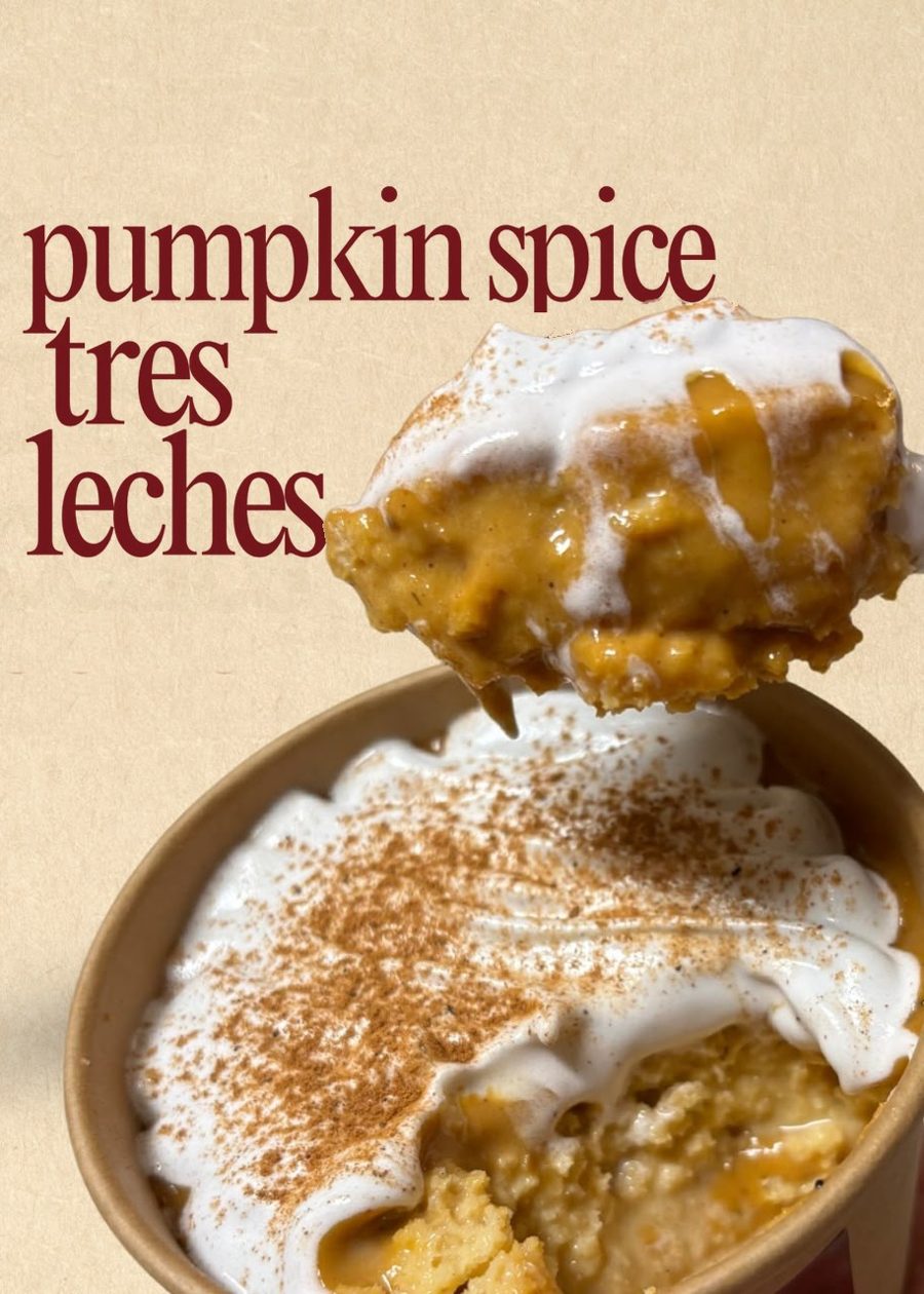 Pumpkin spice tres leches with whipped topping and cinnamon